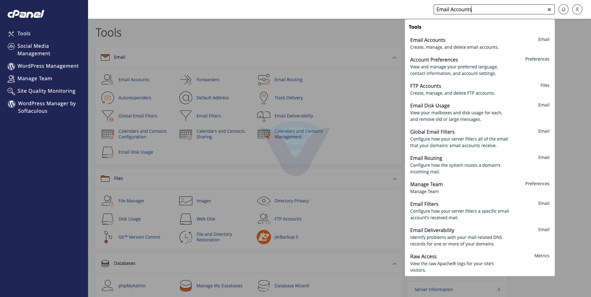 cPanel arama kutusunda Email Accounts sonucu