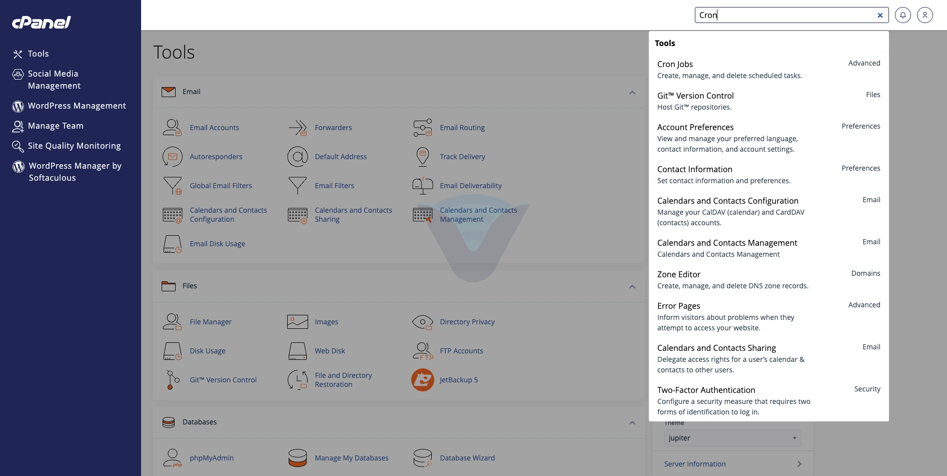 cPanel arama kutusunda Cron Jobs sonucu