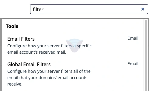 cPanel arama kutusunda Email Filters ve Global Email Filters sonuçları