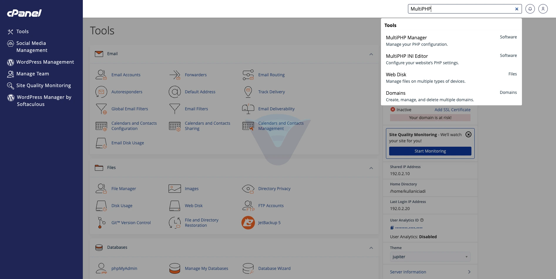 cPanel arama kutusunda MultiPHP Manager sonucu