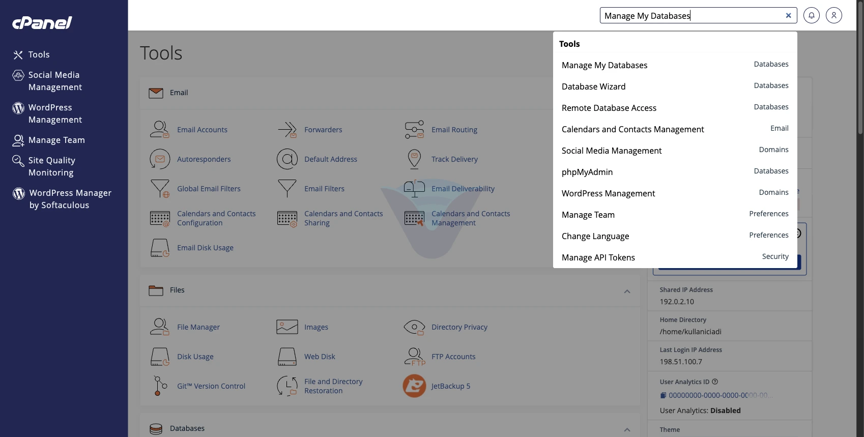 cPanel arama kutusunda Manage My Databases sonucu