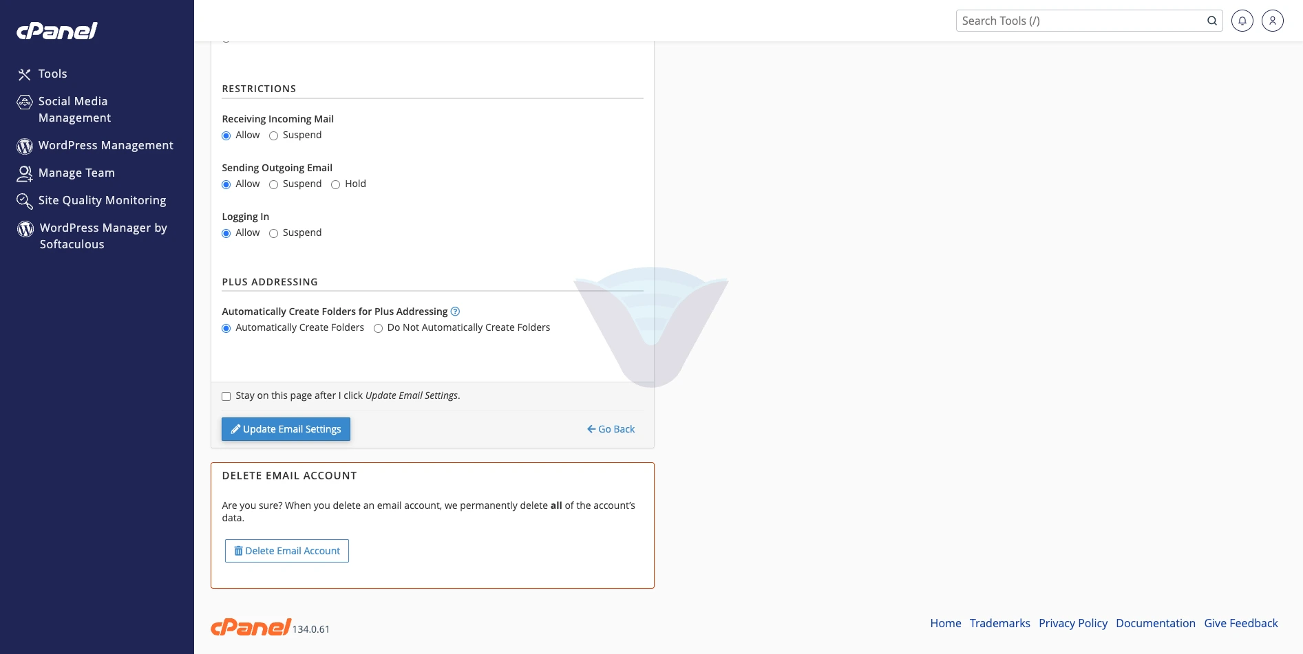 Manage ekranının altındaki Delete Email Account bölümü