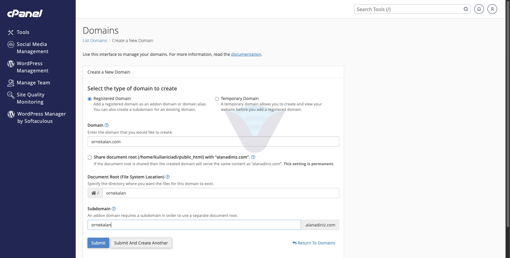 Create A New Domain formunda alan adı, belge kökü ve Subdomain alanı