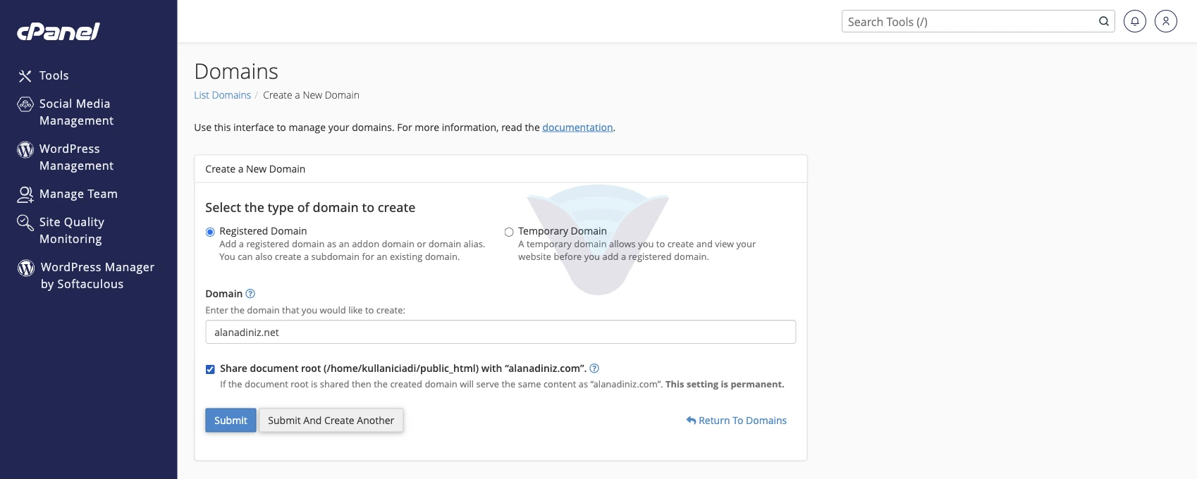 Create A New Domain formunda alan adı ve işaretli Share document root kutusu
