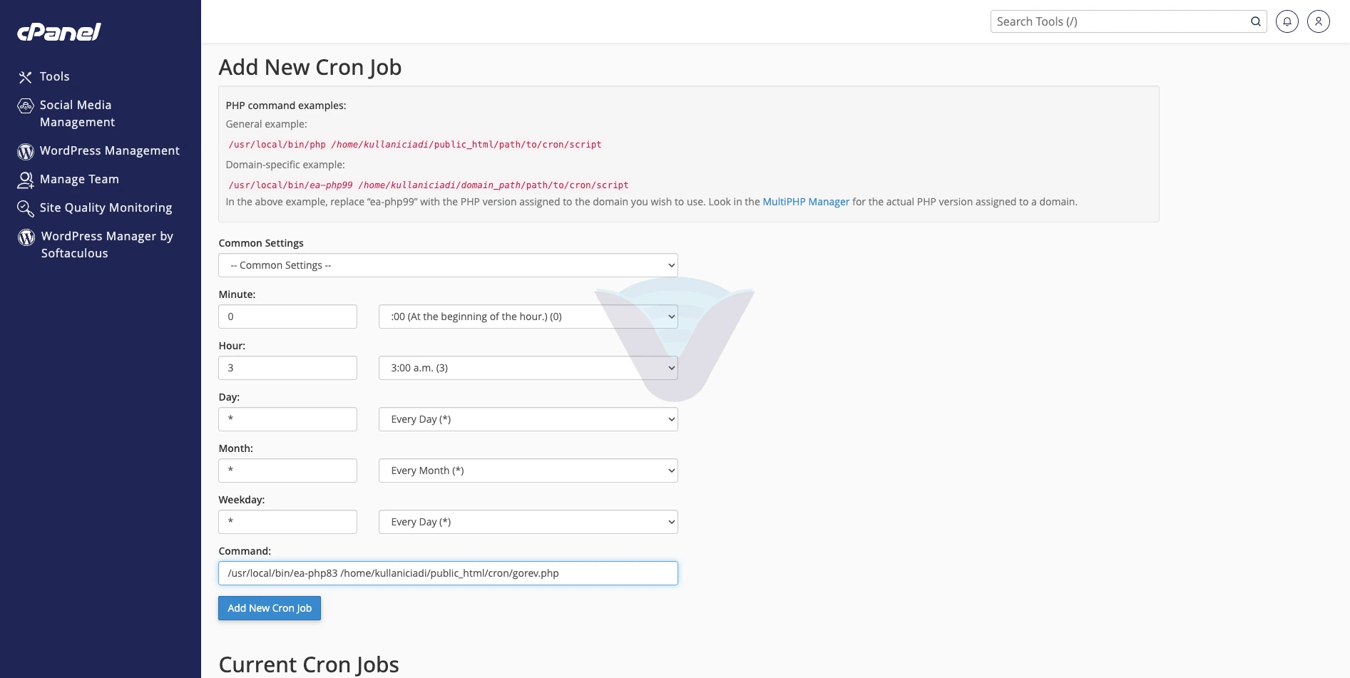 Add New Cron Job formu: her gün 03:00 için dolu alanlar ve ea-php83 komutu