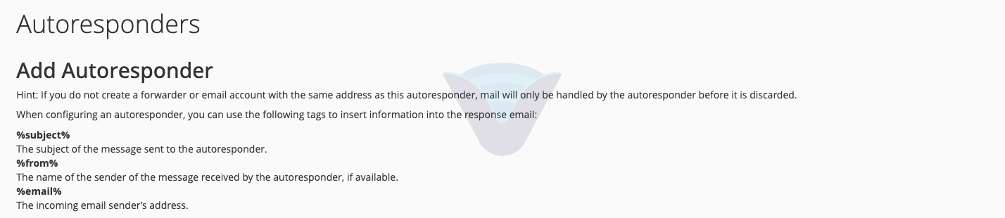 Autoresponder formunun üst bölümü: etiketler ve karakter seti