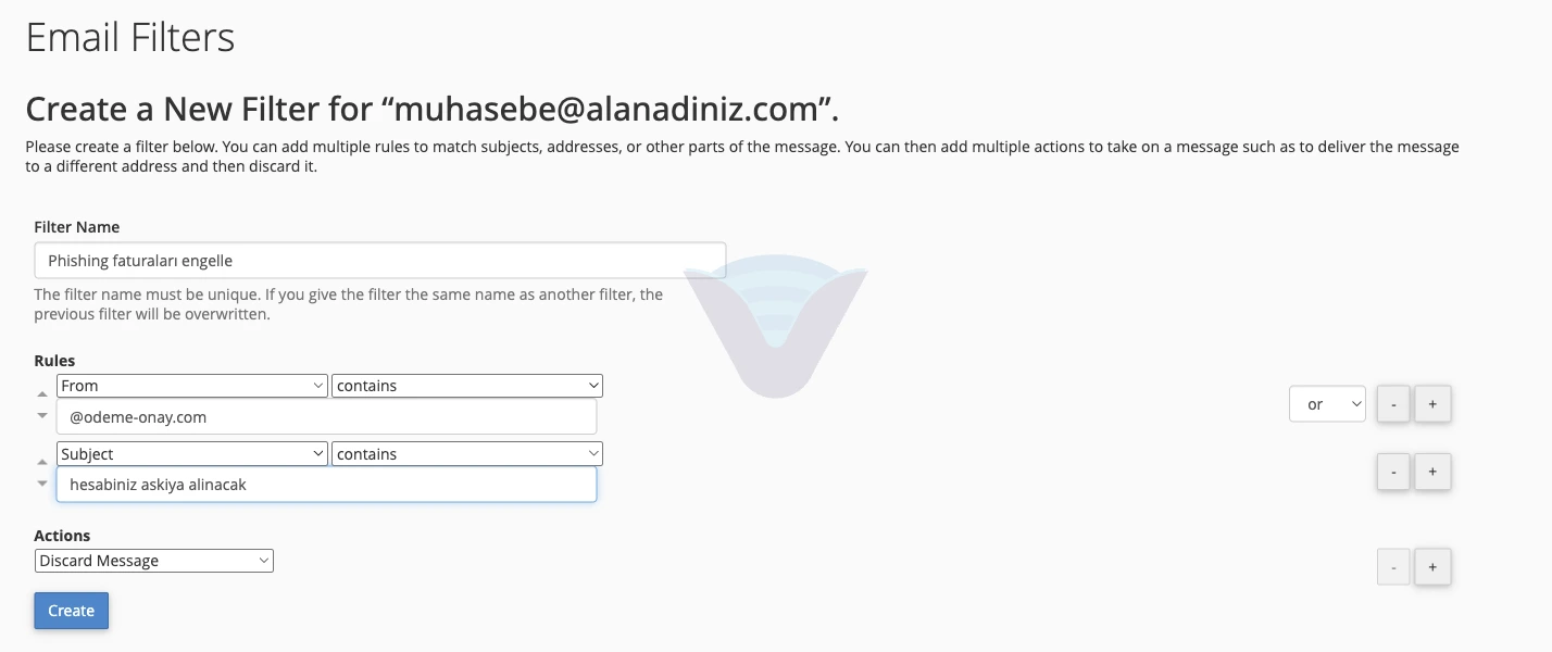 Create a New Filter formunda From ve Subject kuralları ve Discard Message eylemi