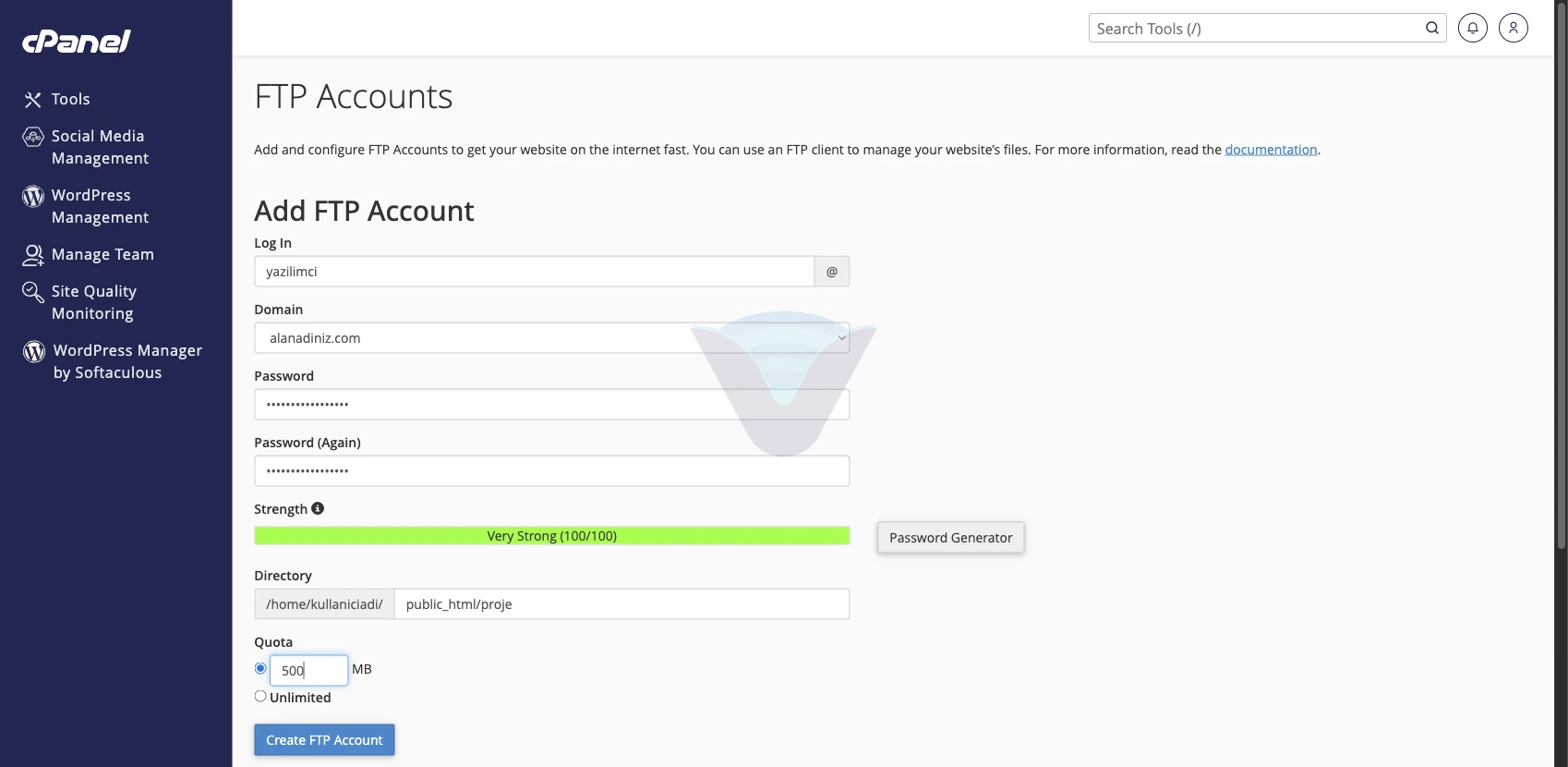 Add FTP Account formunda kullanıcı adı, dizin ve kota