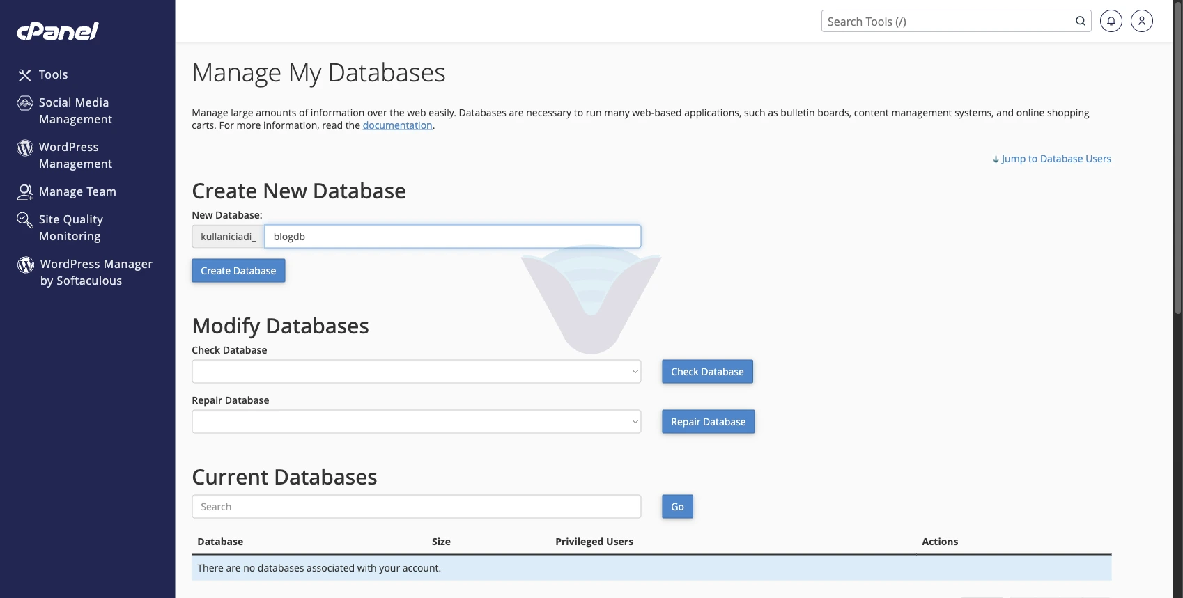Manage My Databases sayfasında New Database alanına blogdb yazılmış hâli