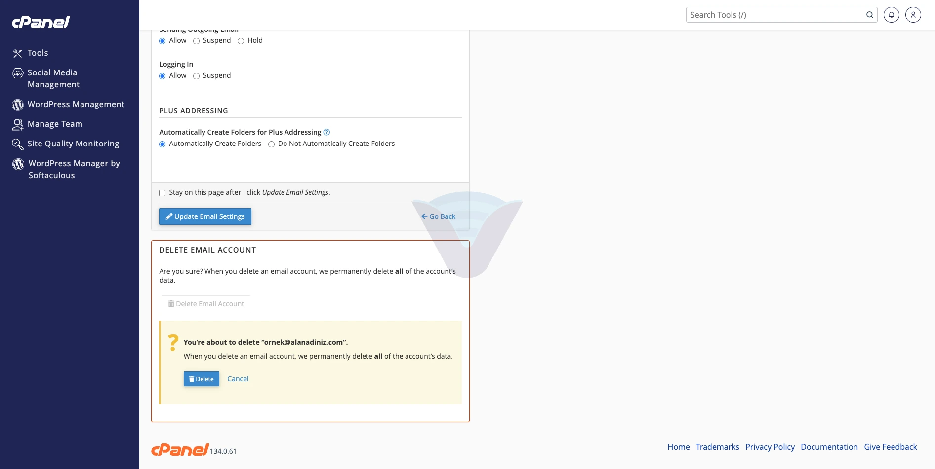 Silme onayı kutusunda Delete ve Cancel düğmeleri