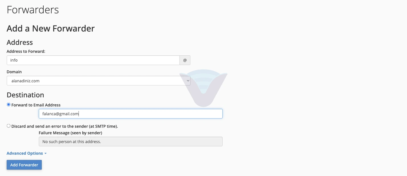 Add a New Forwarder formunda adres, alan adı ve hedef adres