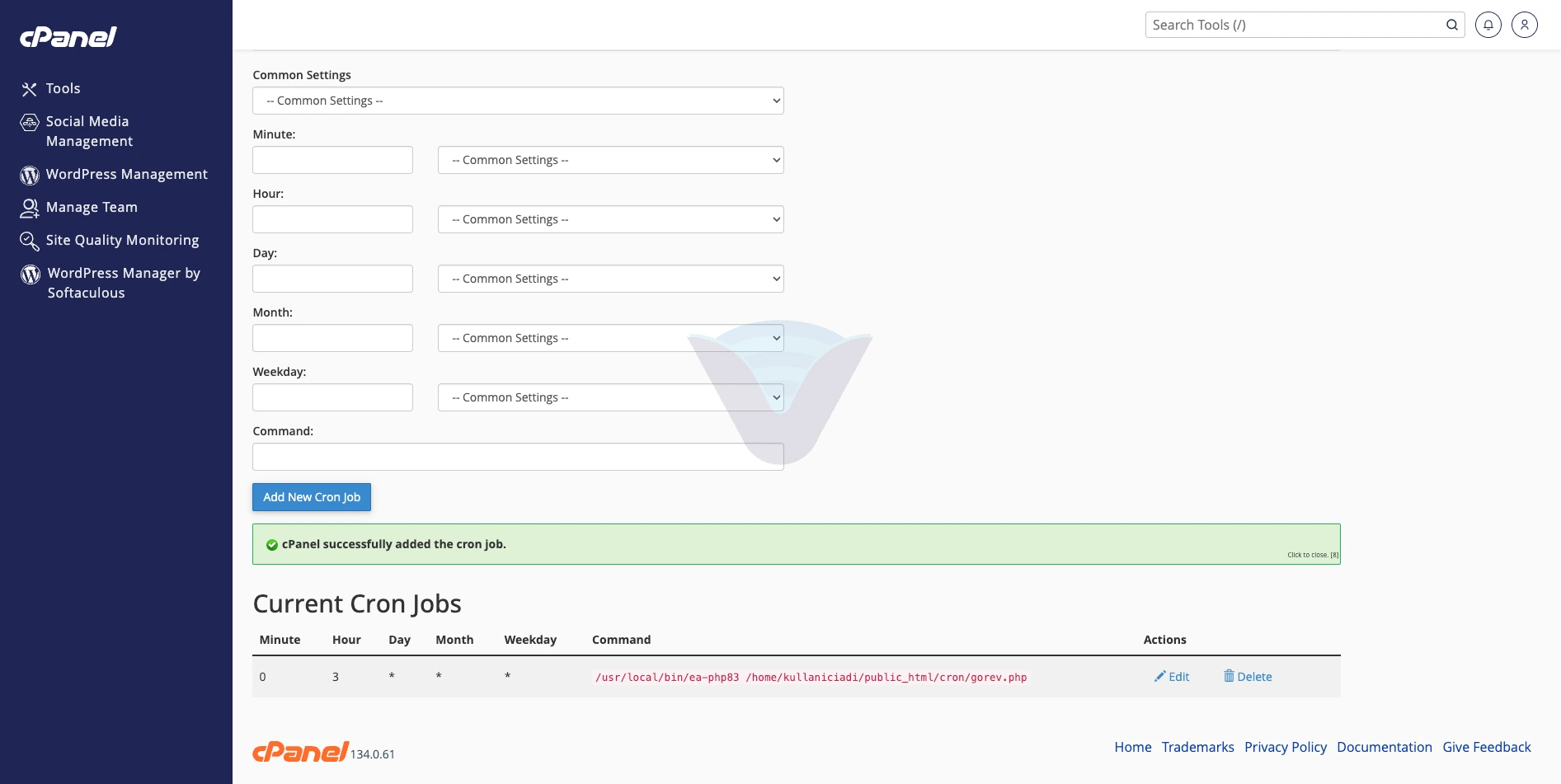 Başarı mesajı ve Current Cron Jobs tablosunda eklenen cron işi