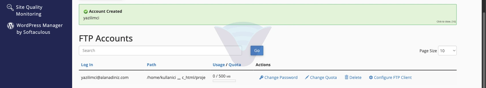 Account Created mesajı ve listede yeni FTP hesabı