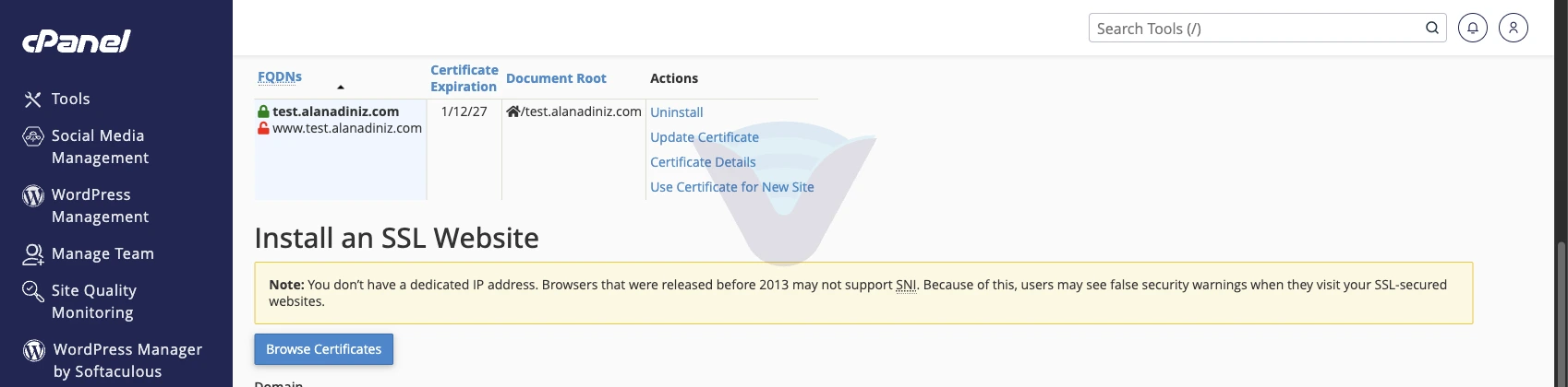 Manage Installed SSL Websites listesinde bir alan adı için kurulu sertifika