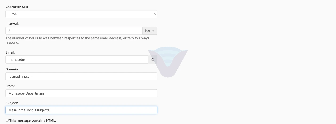 Autoresponder formunda aralık, adres, gönderen ve konu alanları