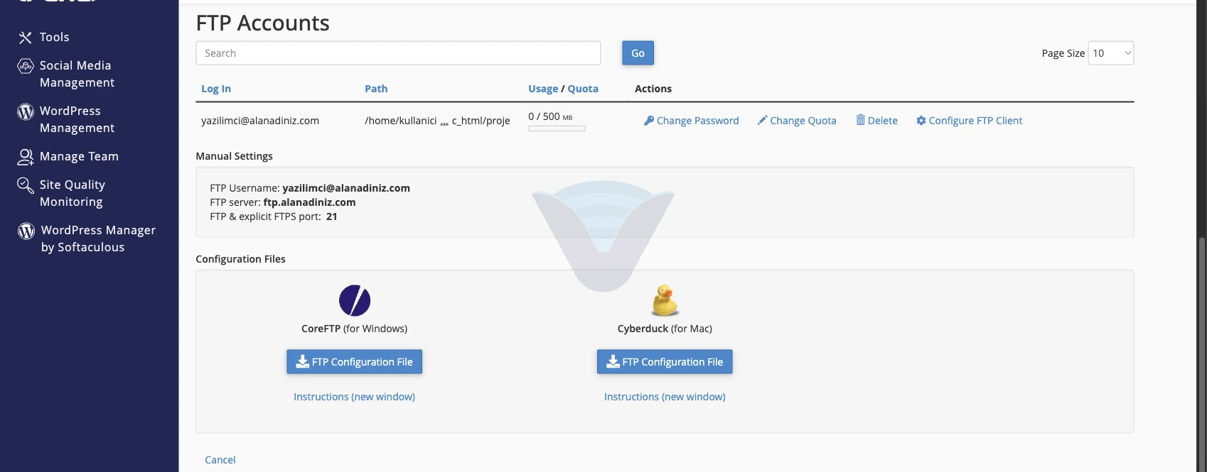 Configure FTP Client: Manual Settings ve Cyberduck / CoreFTP yapılandırma dosyaları