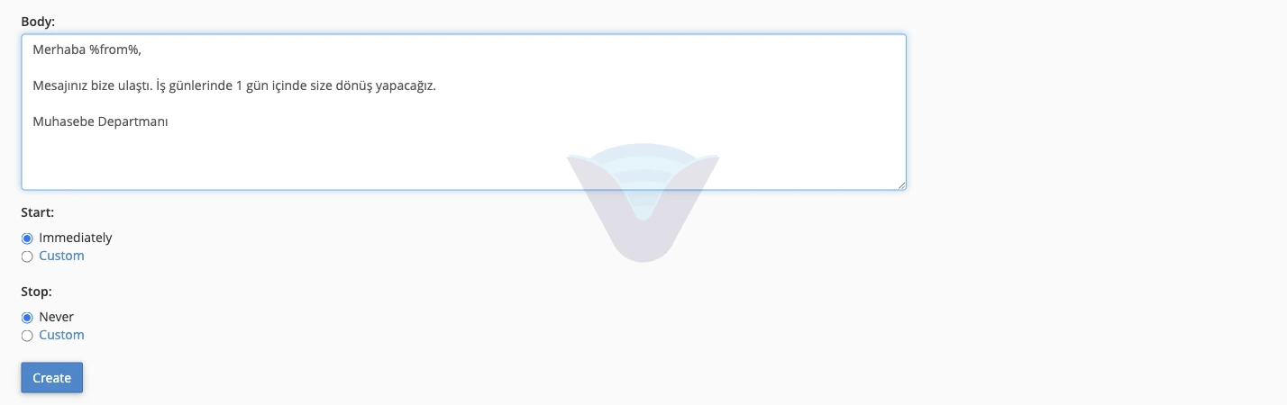 Gövde alanı, Start ve Stop seçenekleri ve Create düğmesi
