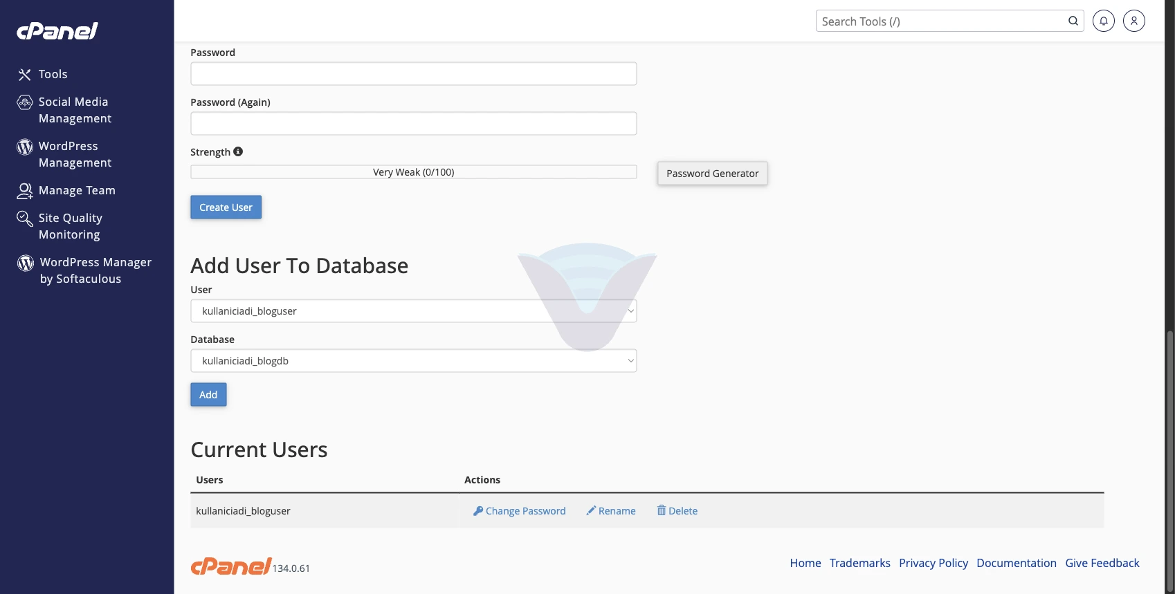 Add User To Database bölümünde kullanıcı ve veritabanı seçimi