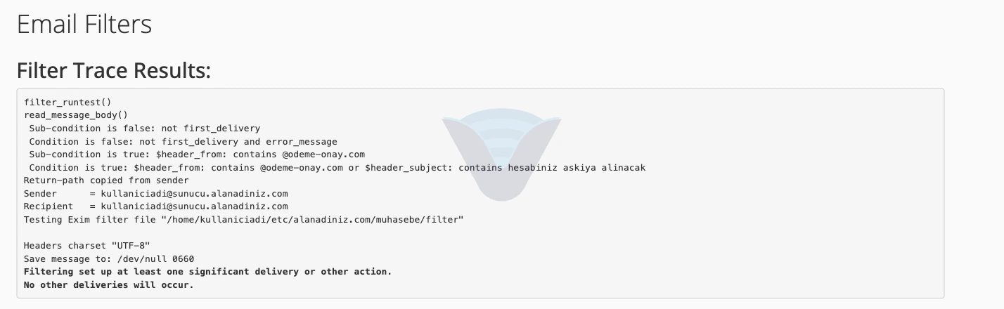 Filter Trace Results: kural eşleşti, mesaj /dev/null konumuna kaydedilir