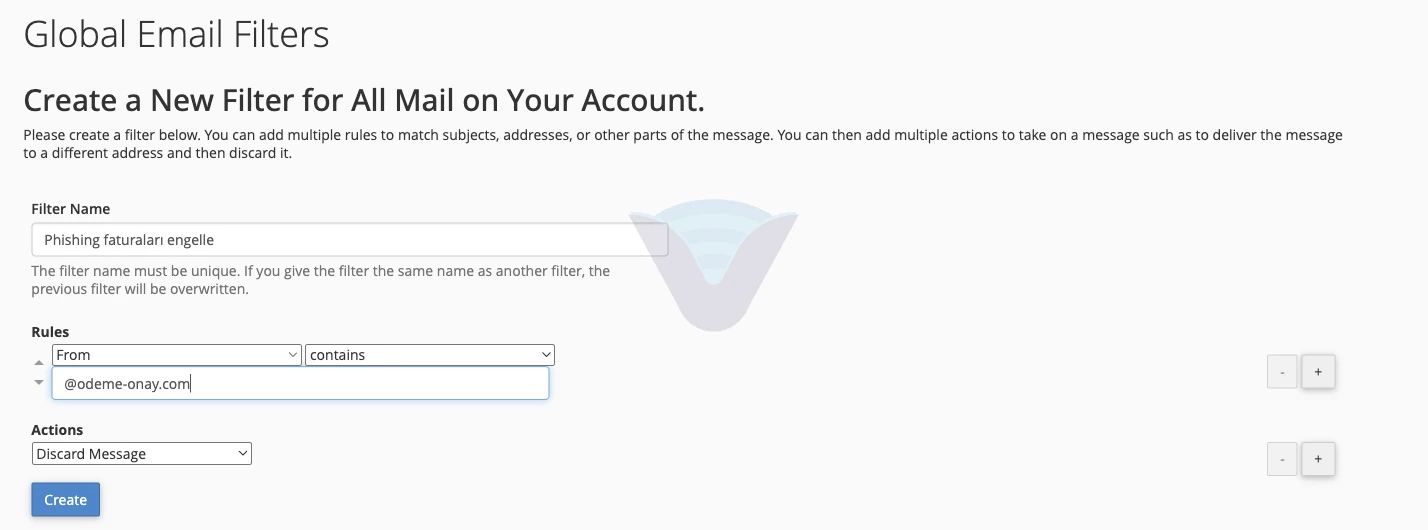 Global Email Filters formu